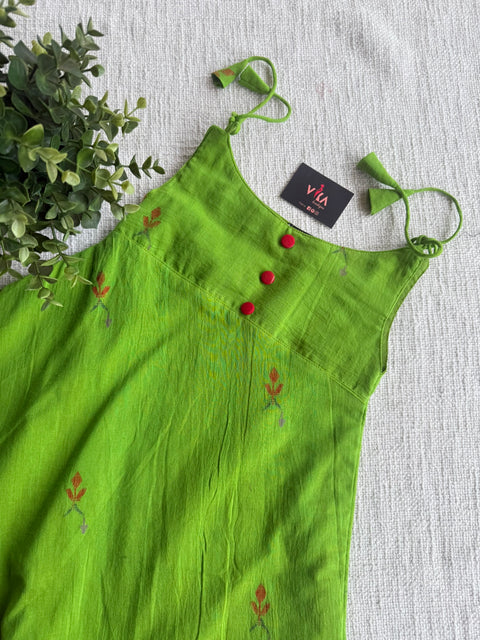 Parrot Green Jamdani cotton kids frock