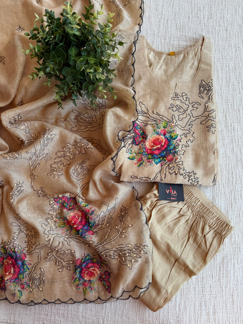 Beige thread emb silk cotton Ready suit set