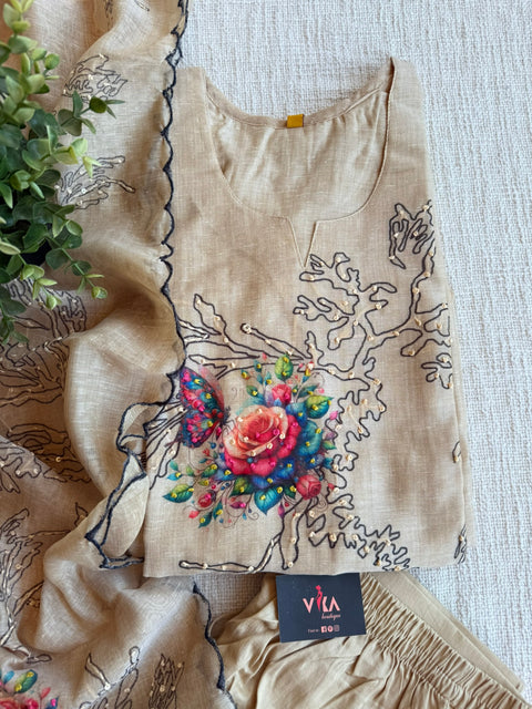 Beige thread emb silk cotton Ready suit set