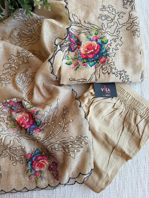 Beige thread emb silk cotton Ready suit set