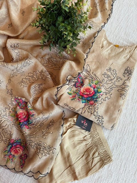 Beige thread emb silk cotton Ready suit set