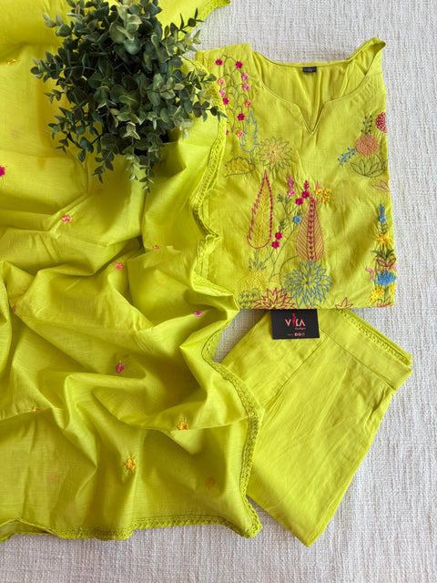 Green emb mul cotton Ready suit set