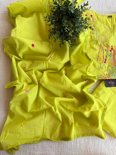 Green emb mul cotton Ready suit set
