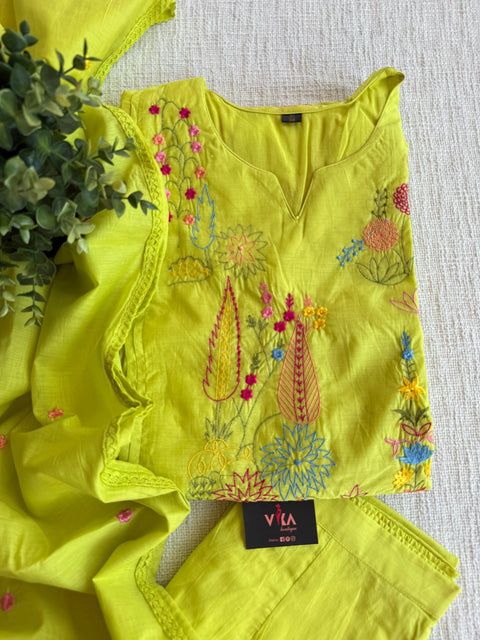 Green emb mul cotton Ready suit set