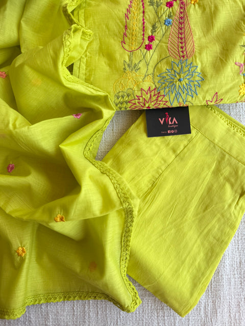 Green emb mul cotton Ready suit set