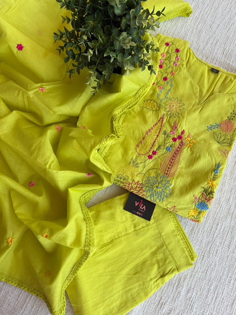 Green emb mul cotton Ready suit set