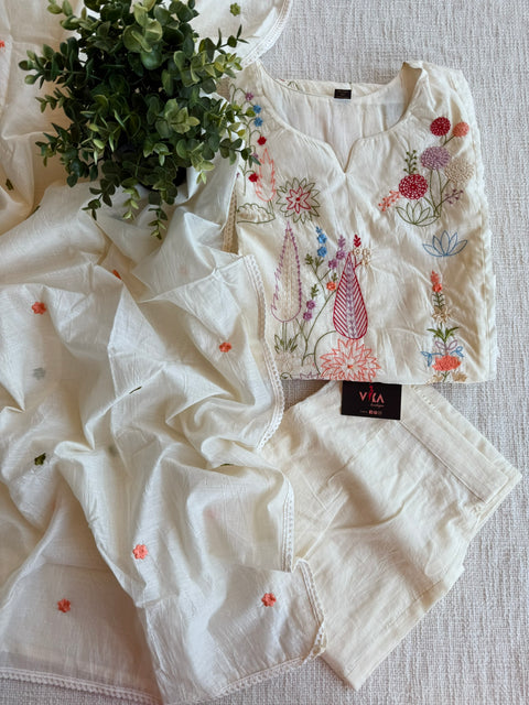 White emb mul cotton Ready suit set