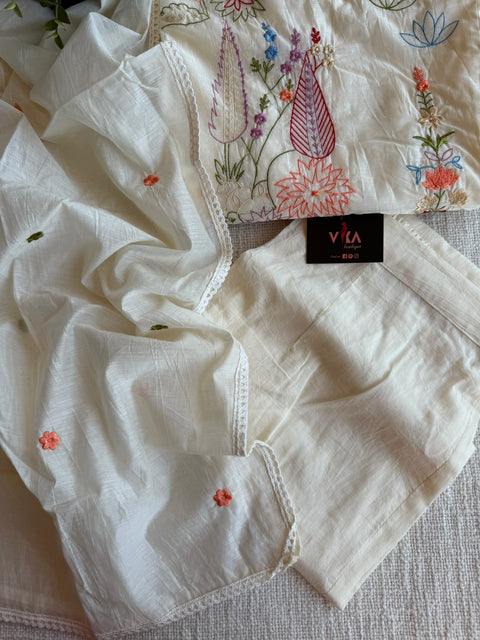 White emb mul cotton Ready suit set