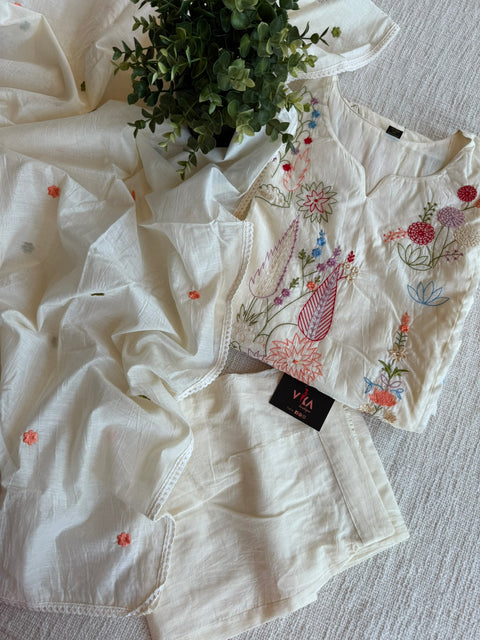 White emb mul cotton Ready suit set