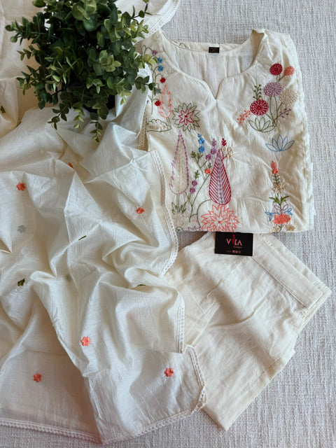 White emb mul cotton Ready suit set