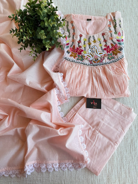 Peach emb mul cotton Ready suit set