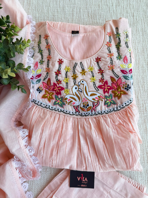 Peach emb mul cotton Ready suit set