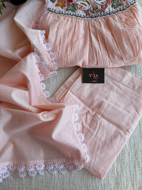 Peach emb mul cotton Ready suit set