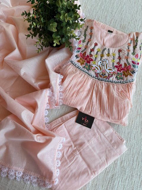 Peach emb mul cotton Ready suit set