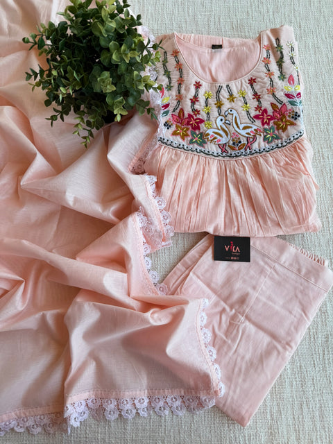 Peach emb mul cotton Ready suit set