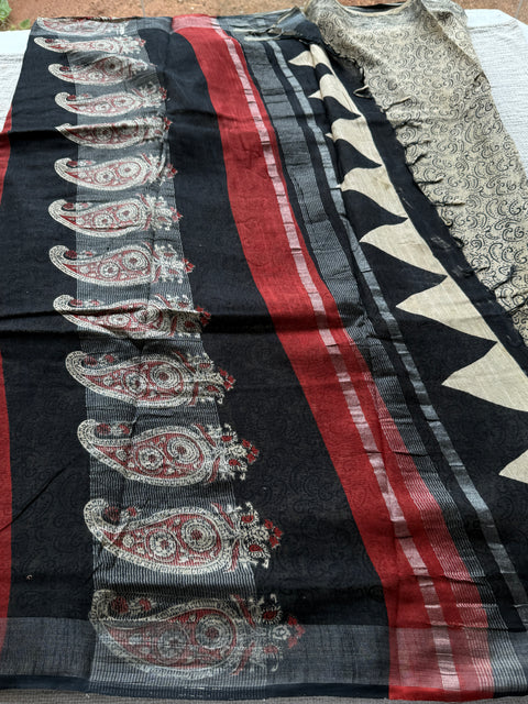 Printed linen cotton saree