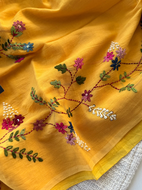 Hand emb 3D mul cotton saree