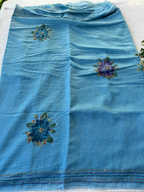 Hand emb mul chanderi saree