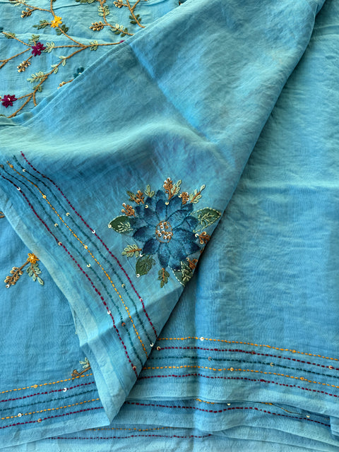 Hand emb mul chanderi saree
