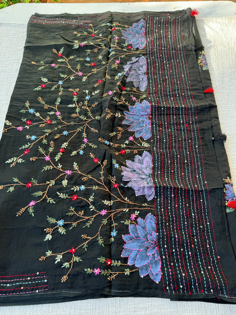 Hand emb mul chanderi saree