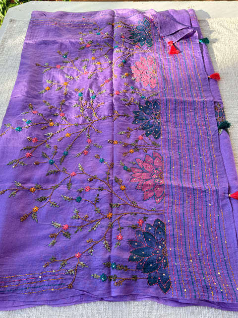 Hand emb mul chanderi saree