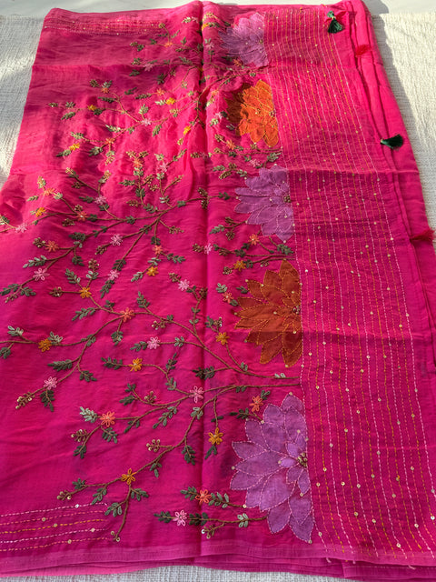 Hand emb mul chanderi saree
