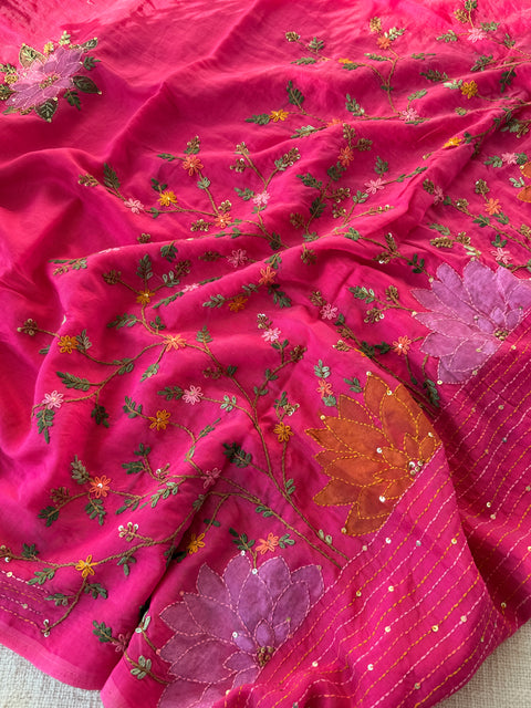 Hand emb mul chanderi saree