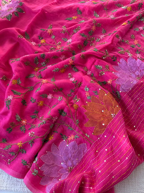 Hand emb mul chanderi saree