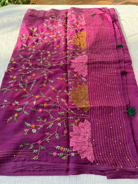 Hand emb mul chanderi saree
