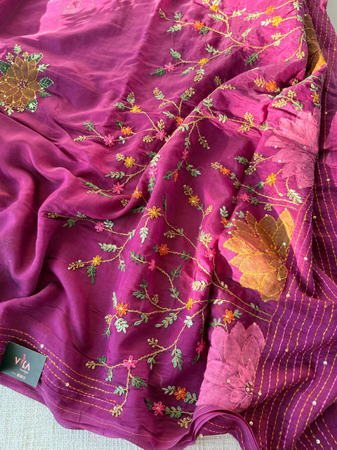 Hand emb mul chanderi saree