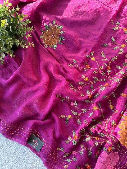 Hand emb mul chanderi saree
