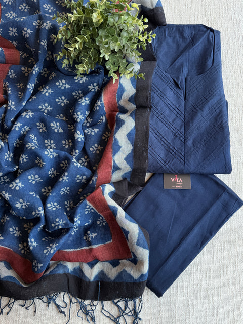 Silk cotton suit set with linen dupatta