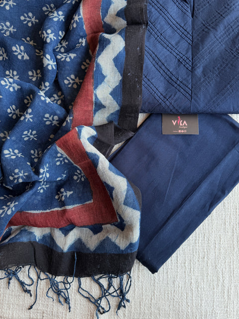 Silk cotton suit set with linen dupatta