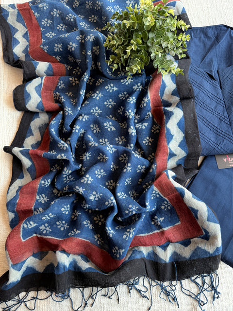 Silk cotton suit set with linen dupatta