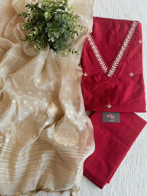 Silk cotton suit set with jamdani dupatta