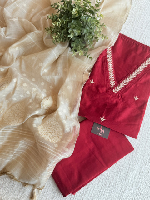 Silk cotton suit set with jamdani dupatta