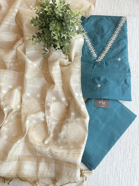 Silk cotton suit set with jamdani dupatta