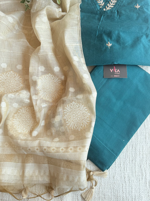 Silk cotton suit set with jamdani dupatta