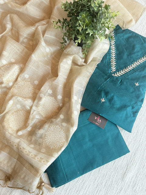 Silk cotton suit set with jamdani dupatta