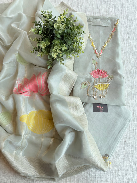 Floral emb Tissue silk suit material
