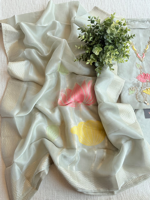Floral emb Tissue silk suit material