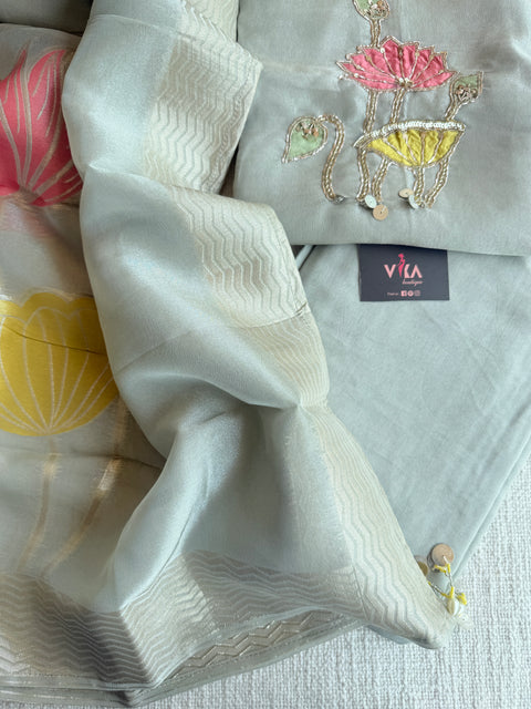 Floral emb Tissue silk suit material