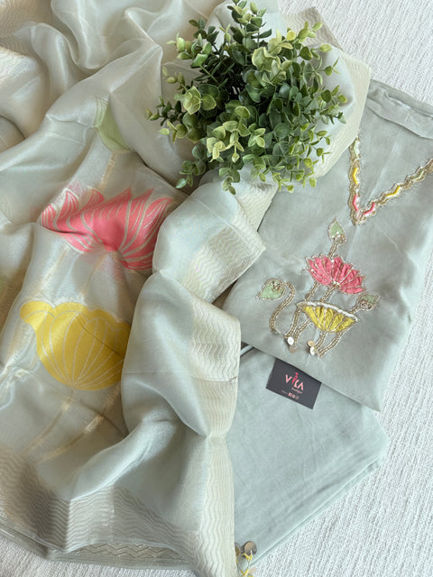 Floral emb Tissue silk suit material