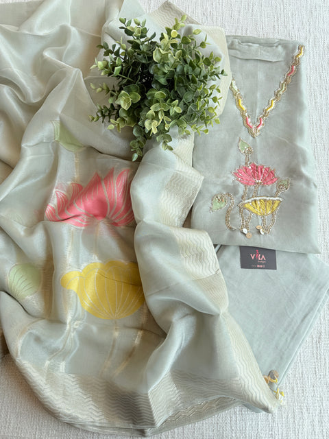 Floral emb Tissue silk suit material
