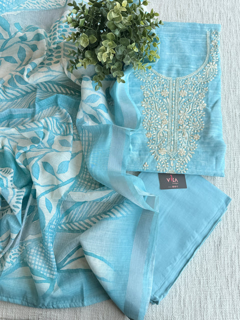 Neck emb silk cotton suit material