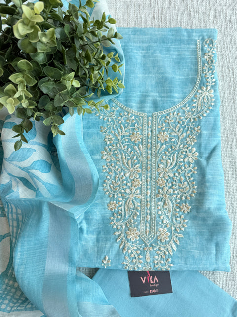 Neck emb silk cotton suit material