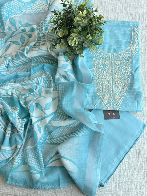 Neck emb silk cotton suit material