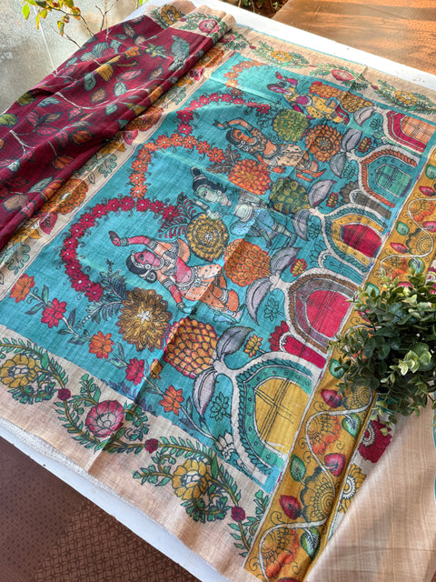 Kalamkari printed satin crepe saree