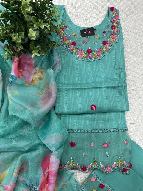 Readymade cotton salwar suit set - Cyan