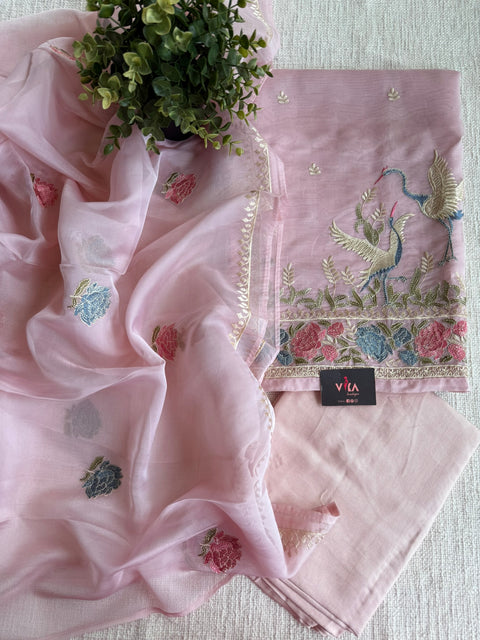 Emb organza salwar material - Baby pink